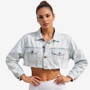 Farm Rio Custom Cropped Jean Jacket Raw Hem Boho Trucker